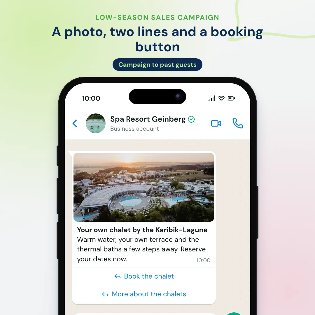 Hotel low-season sales campaign on WhatsApp to past guests: Karibik-Lagune chalet photo with Book the chalet button and booking page link