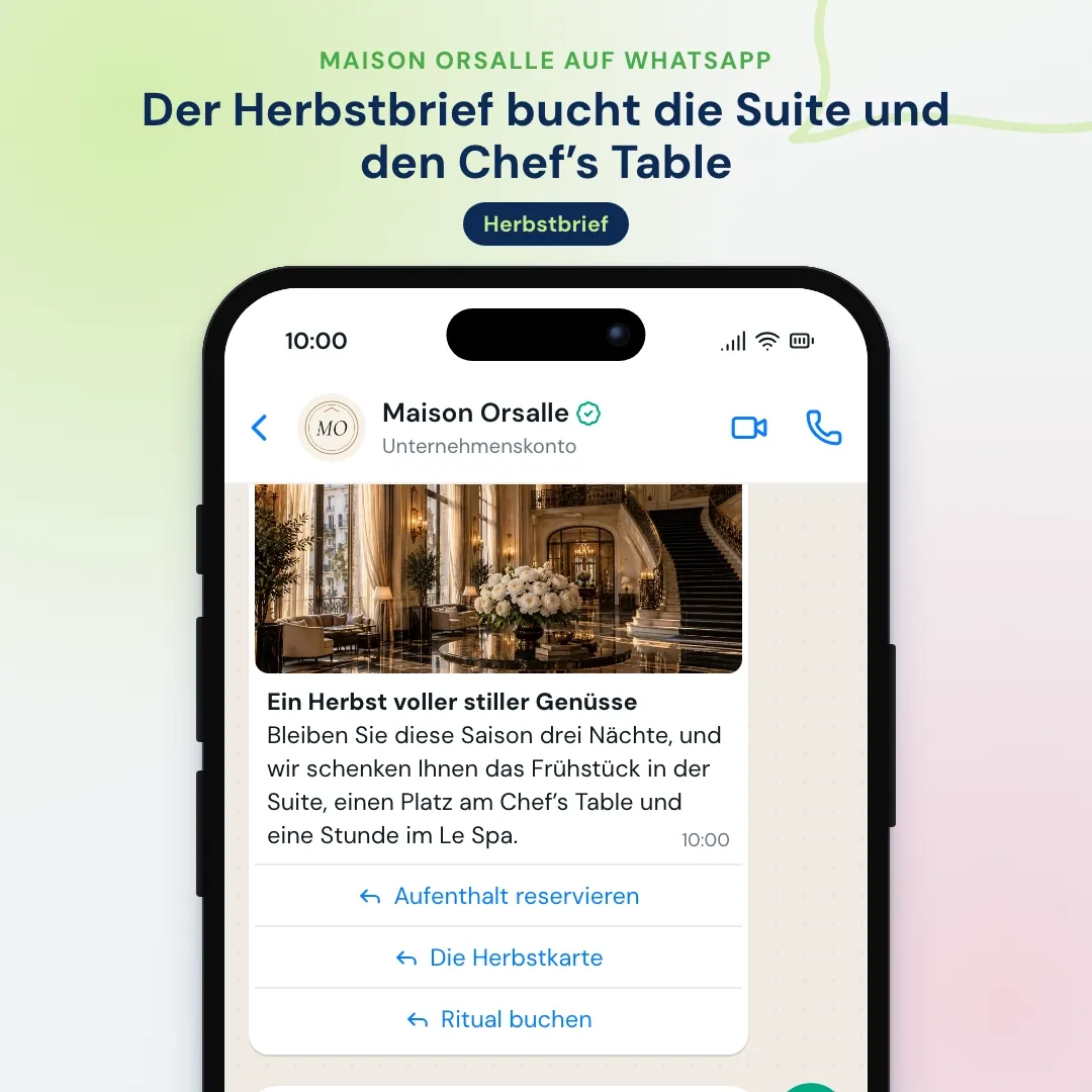 WhatsApp-Newsletter eines Luxushotels: das Herbstangebot mit Foto der Lobby und drei Buttons, dann reserviert ein Gast eine Suite mit Balkon und den Chef's Table