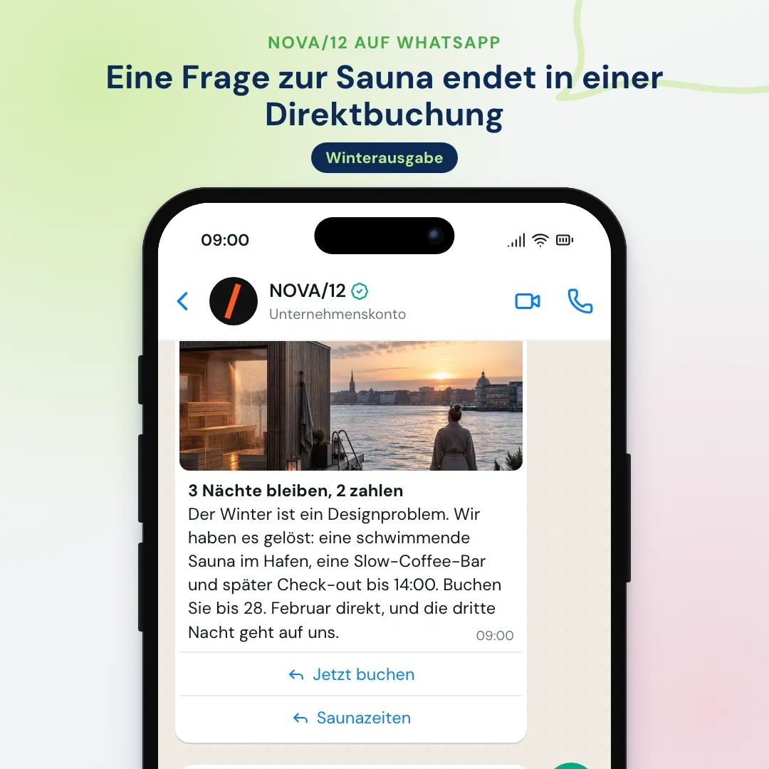 WhatsApp-Newsletter eines Designhotels: Angebot 3 Nächte bleiben, 2 zahlen mit Foto der Hafensauna, der Gast fragt nach den Saunazeiten und die KI antwortet mit dem Buchungslink