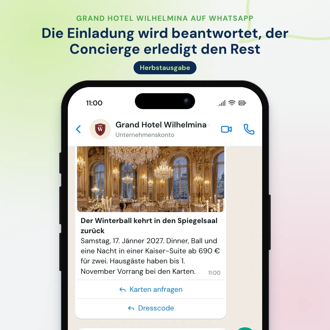 WhatsApp-Newsletter eines Grandhotels: Einladung zum Winterball mit Foto des Ballsaals, die KI beantwortet die Frage zum Dresscode und der Concierge hält Karten und eine Suite