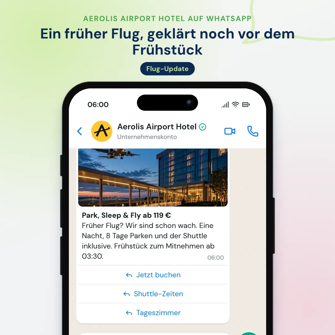 WhatsApp-Newsletter eines Flughafenhotels: Angebot Park, Sleep & Fly, die KI beantwortet Fragen zu Shuttle-Zeiten und frühem Frühstück und sendet den Buchungslink