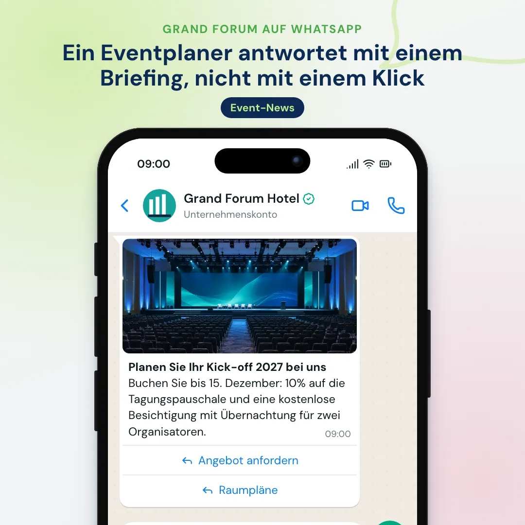 WhatsApp-Newsletter eines Kongresshotels: Kick-off-Angebot für Eventplaner, der Planer antwortet mit einem Briefing und die Leiterin Events schlägt Räume und eine Besichtigung vor