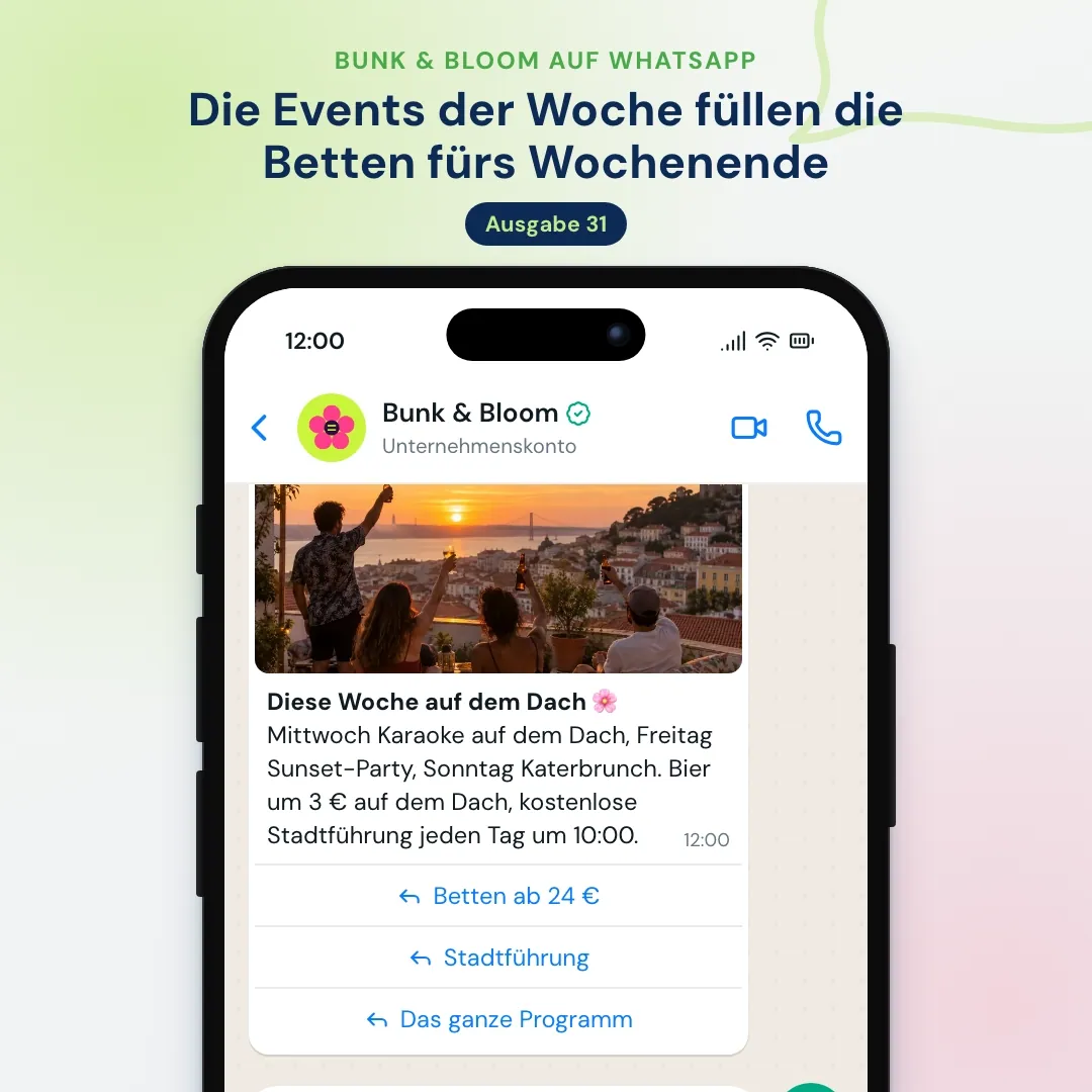 WhatsApp-Newsletter eines Hostels: Events der Woche mit Foto eines Sonnenuntergangs auf der Dachterrasse, die KI erklärt die kostenlose Stadtführung und findet Betten fürs Wochenende