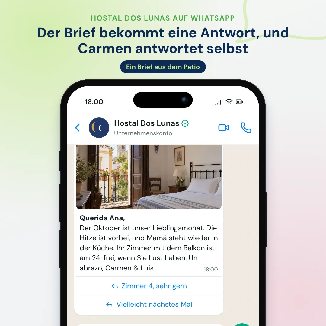 WhatsApp-Newsletter eines familiengeführten Hotels: ein persönlicher Brief mit Zimmer 4, die Gästin bucht drei Nächte und die Gastgeberin antwortet selbst