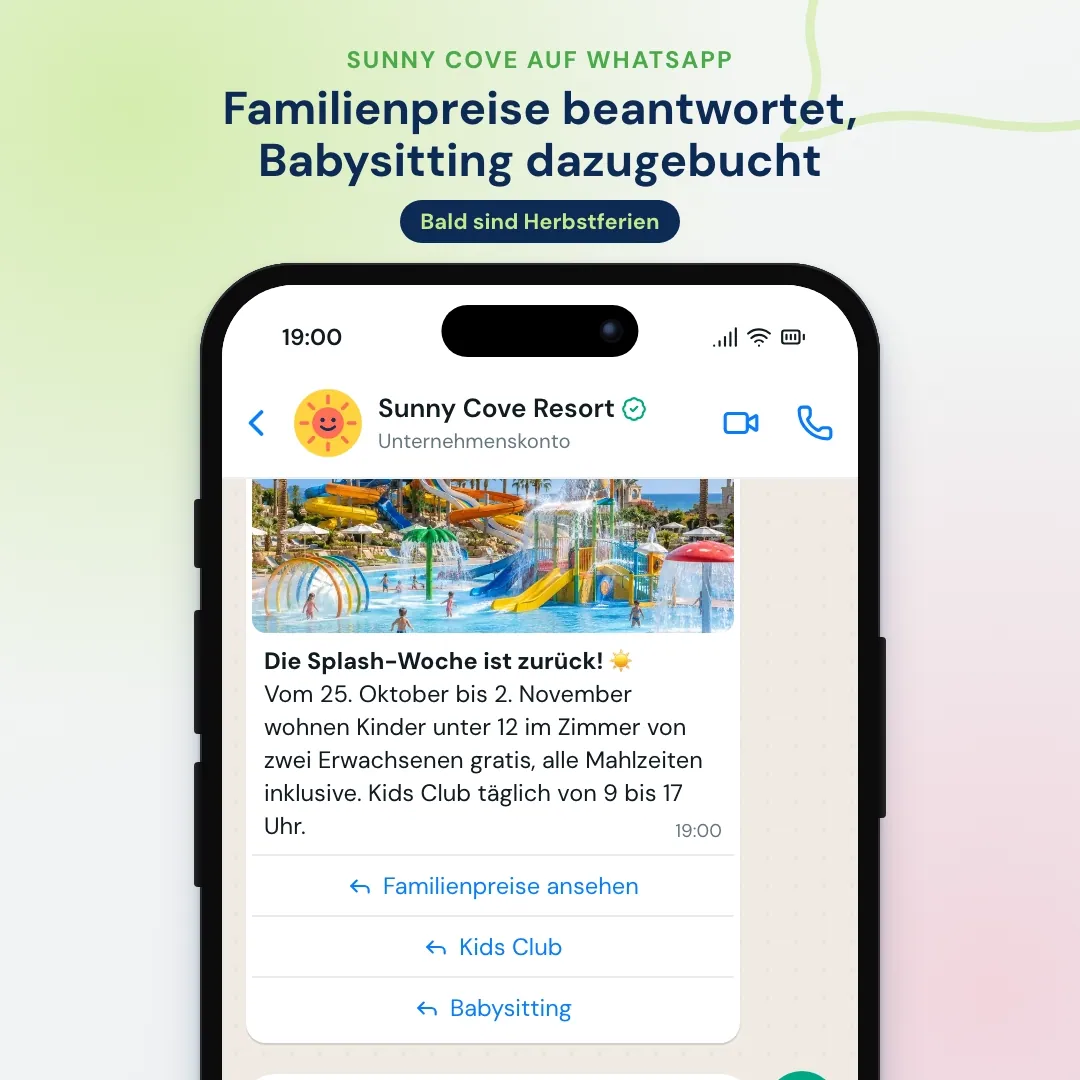 WhatsApp-Newsletter eines Familienresorts: Angebot Kinder wohnen gratis mit Foto des Wasserparks, die KI beantwortet Fragen zu den Kindern und einem Kinderbett, die Gästin bucht und der Kids Club ergänzt Babysitting