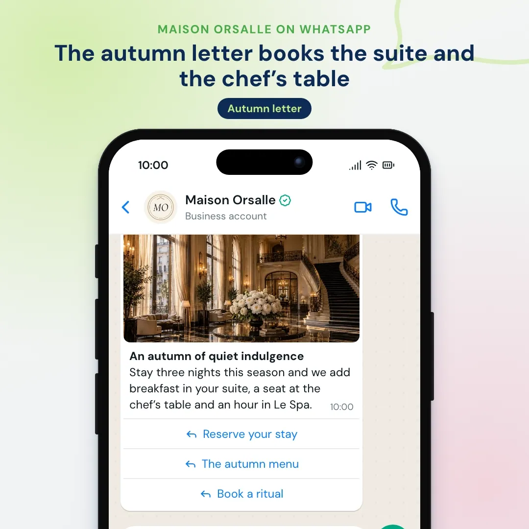 Luxury hotel WhatsApp newsletter: the autumn offer with a lobby photo and three buttons, then a guest reserving a balcony suite and the chef's table