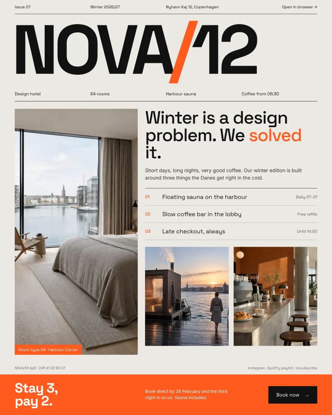 Esempio di newsletter di un design hotel a Copenaghen: grande logotipo NOVA/12, foto di una camera sul porto, elenco numerato di tre proposte invernali e fascia arancione 3 notti al prezzo di 2