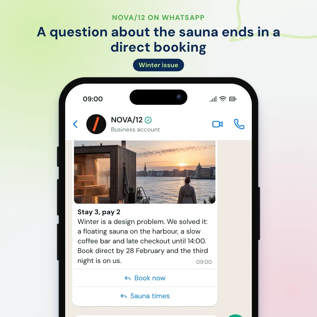 Design hotel WhatsApp newsletter: stay 3 pay 2 offer with a harbour sauna photo, the guest asks about sauna times and the AI answers with the booking link