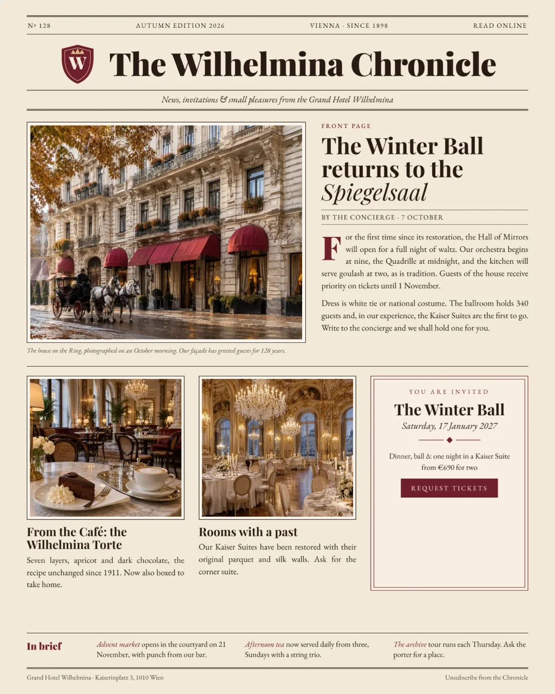 Esempio di newsletter di un grand hotel impaginata come un giornale: testata The Wilhelmina Chronicle, articolo di prima pagina sul Ballo d'inverno con capolettera e un riquadro con l'invito
