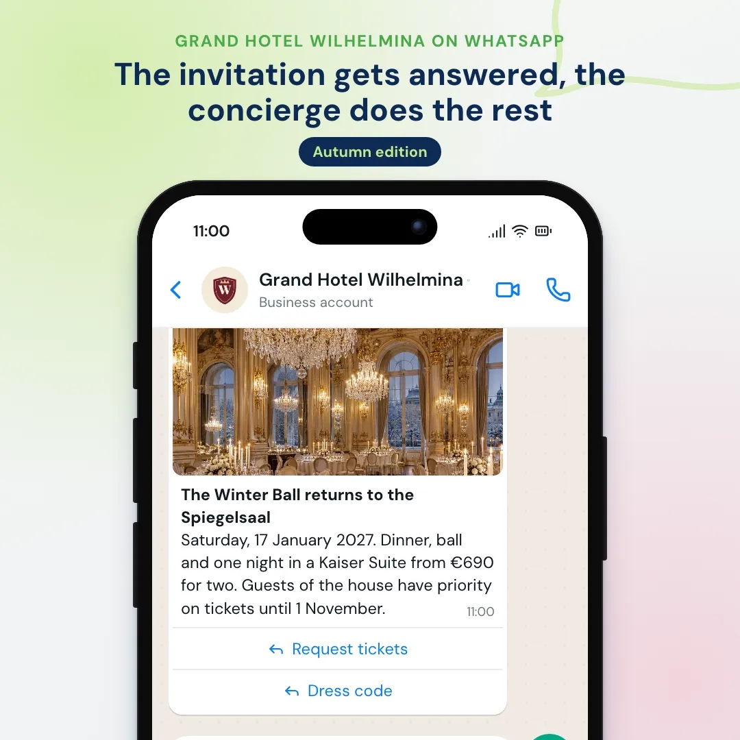 Grand hotel WhatsApp newsletter: Winter Ball invitation with a ballroom photo, the AI answers the dress code question and the concierge holds tickets and a suite
