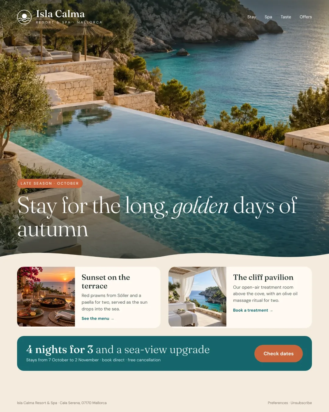 Esempio di newsletter di un resort al mare a Maiorca: foto a tutta pagina della piscina a sfioro con il titolo sopra, un divisore a onda, due schede per cena e spa e una barra di prenotazione 4 notti al prezzo di 3