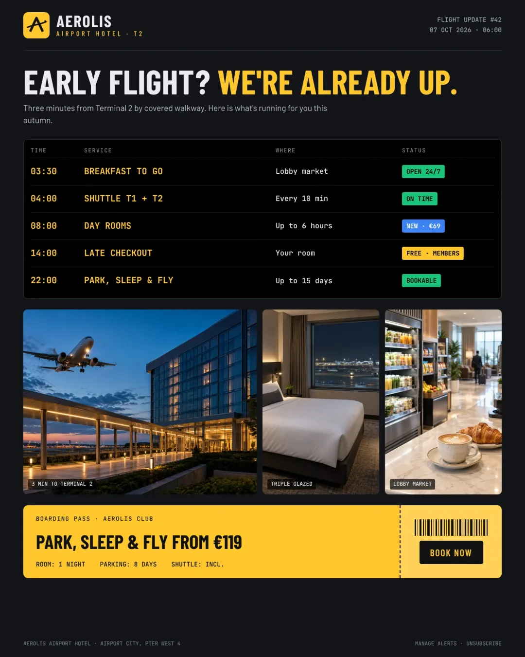 Esempio di newsletter di un hotel aeroportuale impaginata come un tabellone delle partenze, con orari e stato di colazione da asporto, navetta, day room, check-out posticipato e park, sleep and fly, più un'offerta a forma di carta d'imbarco