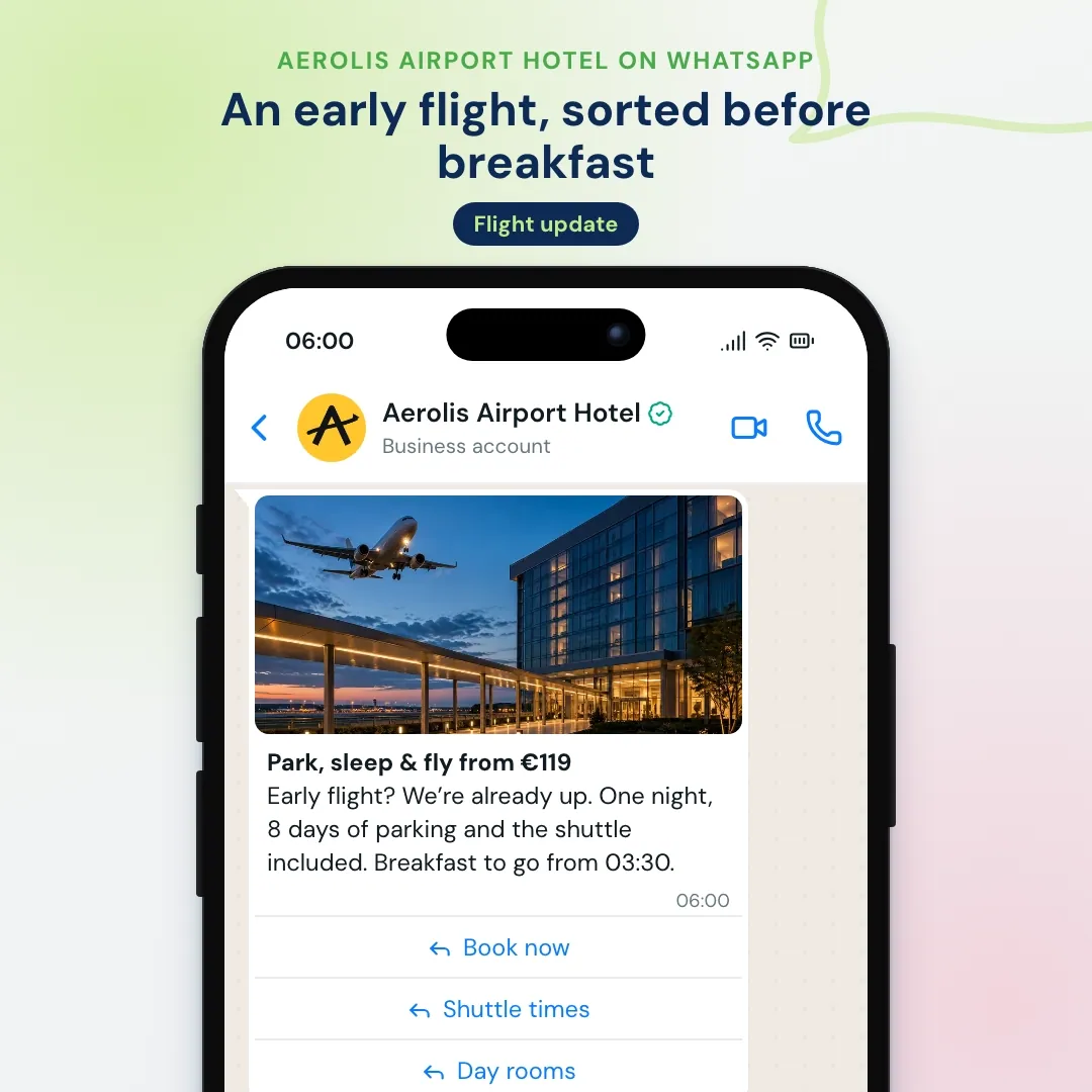 Airport hotel WhatsApp newsletter: park sleep and fly offer, the AI answers shuttle times and early breakfast questions and sends the booking link