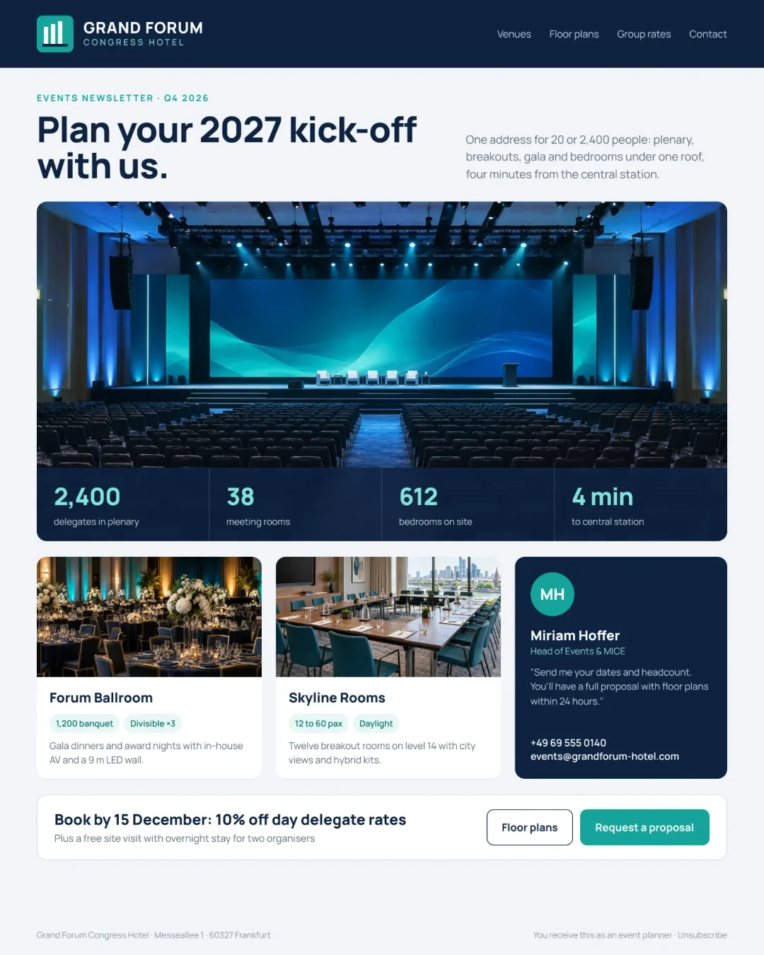Esempio di newsletter di un hotel congressuale per organizzatori di eventi: foto della sala plenaria, quattro numeri chiave, schede della ballroom e delle sale per i workshop e una referente eventi con nome