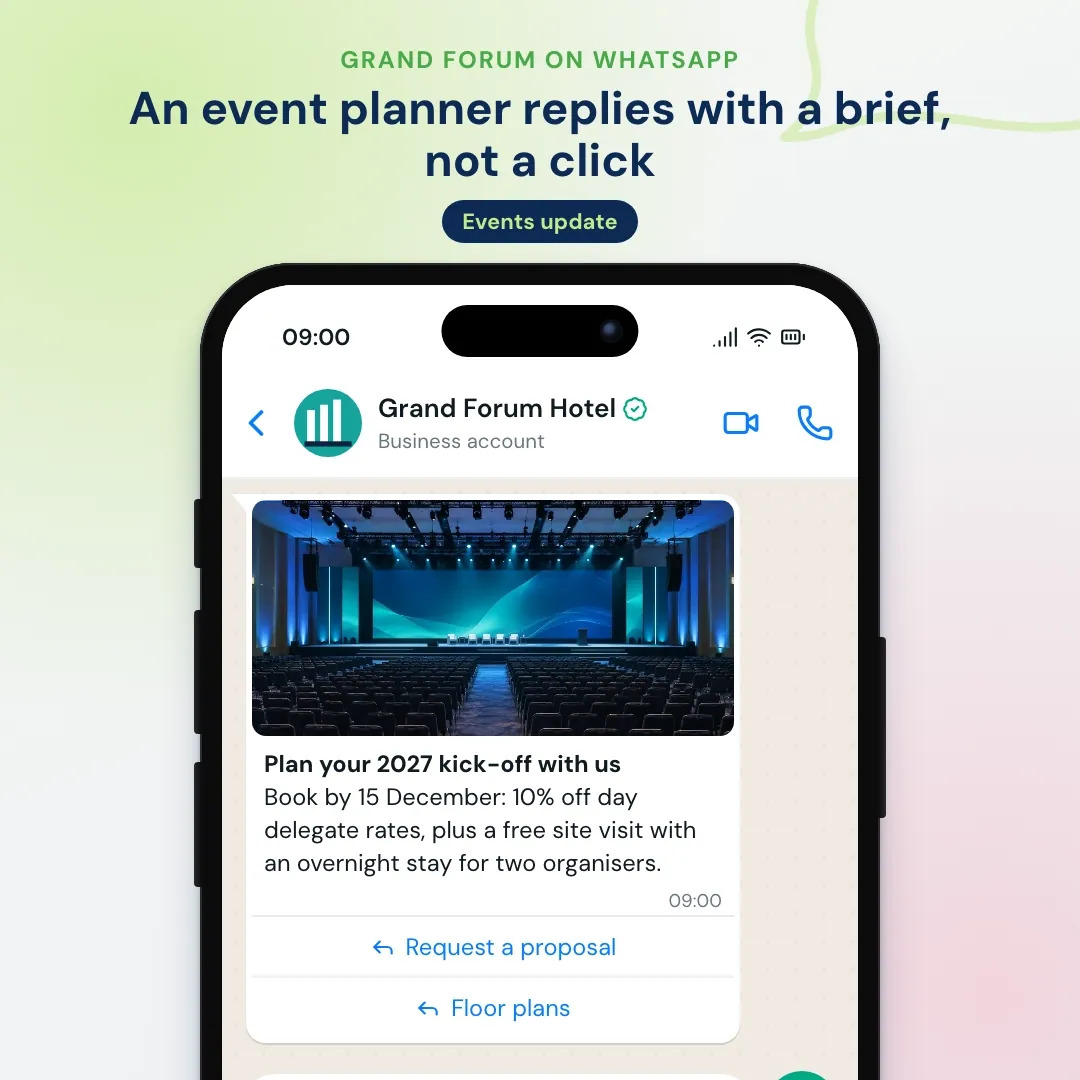 Congress hotel WhatsApp newsletter: kick-off offer for event planners, the planner replies with a brief and the head of events proposes rooms and a site visit