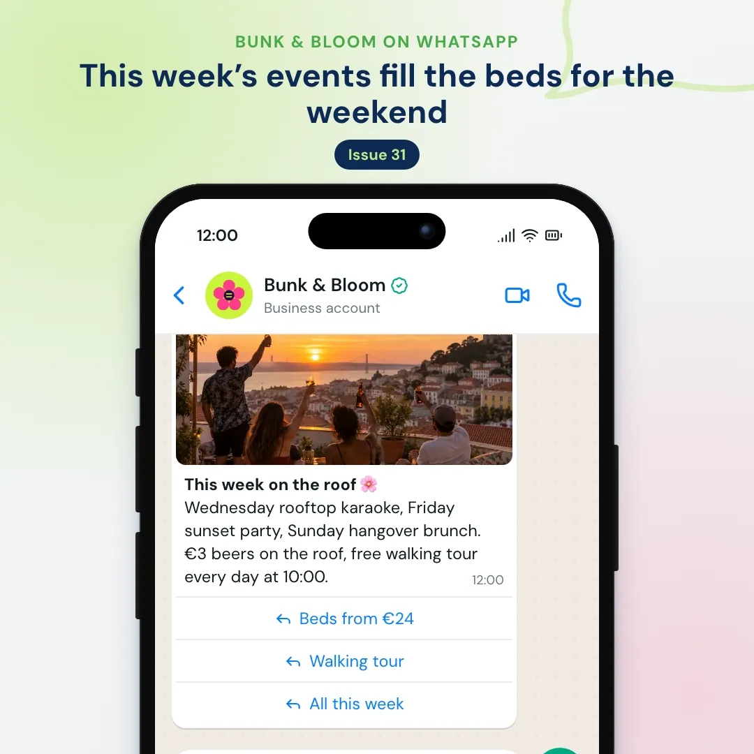 Hostel WhatsApp newsletter: weekly events with a rooftop sunset photo, the AI explains the free walking tour and finds beds for the weekend