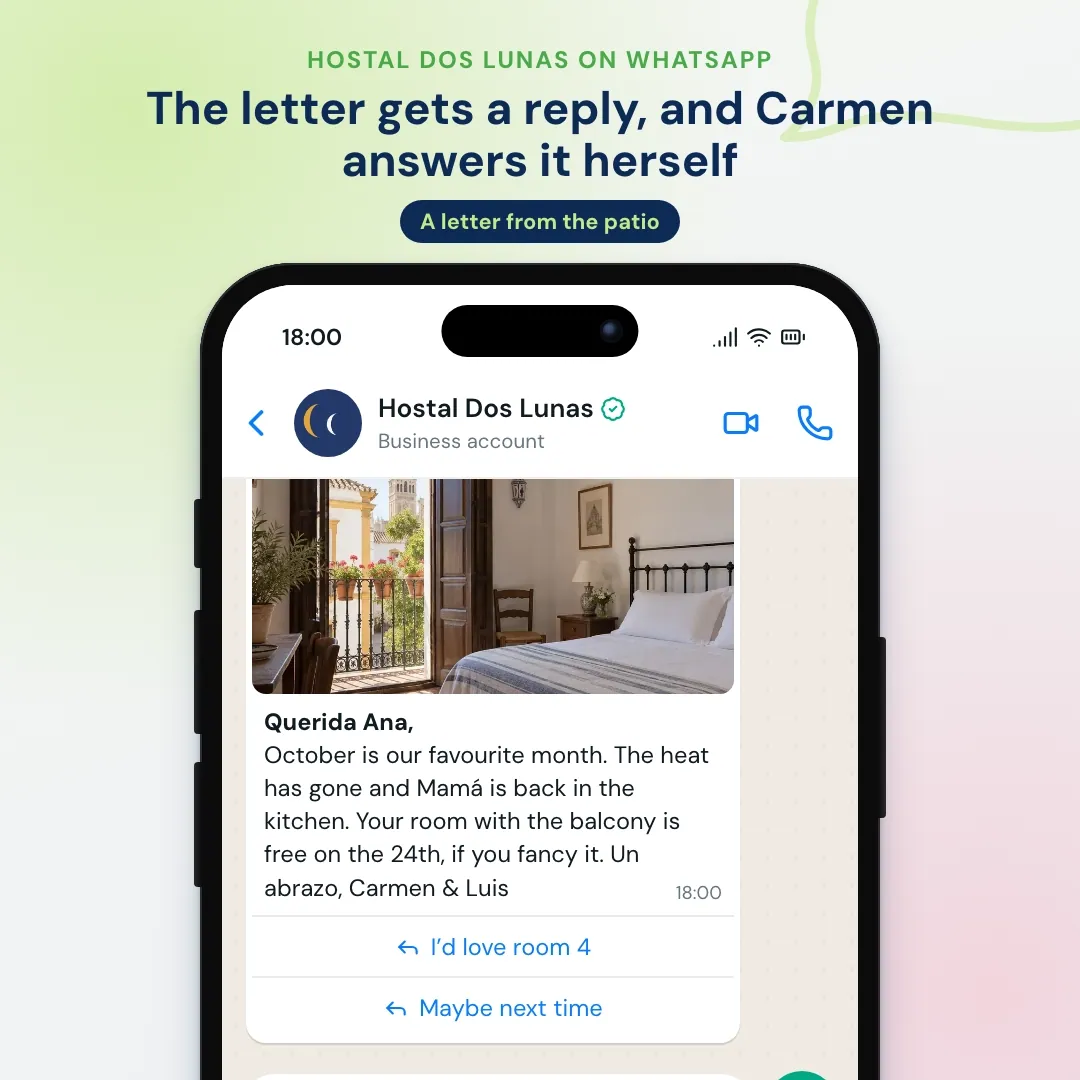 Family-run hotel WhatsApp newsletter: a personal letter offering room 4, the guest books three nights and the owner replies herself