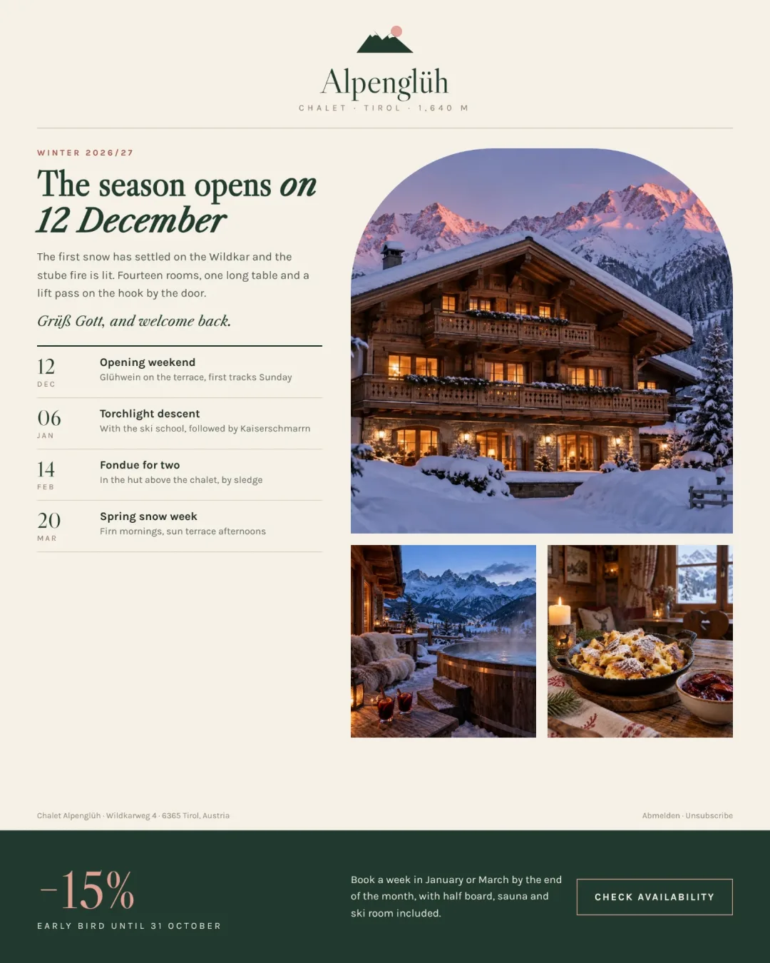 Esempio di newsletter di uno chalet sciistico in Tirolo: titolo sull'apertura della stagione il 12 dicembre, calendario di quattro eventi invernali, foto ad arco dello chalet innevato e offerta early booking
