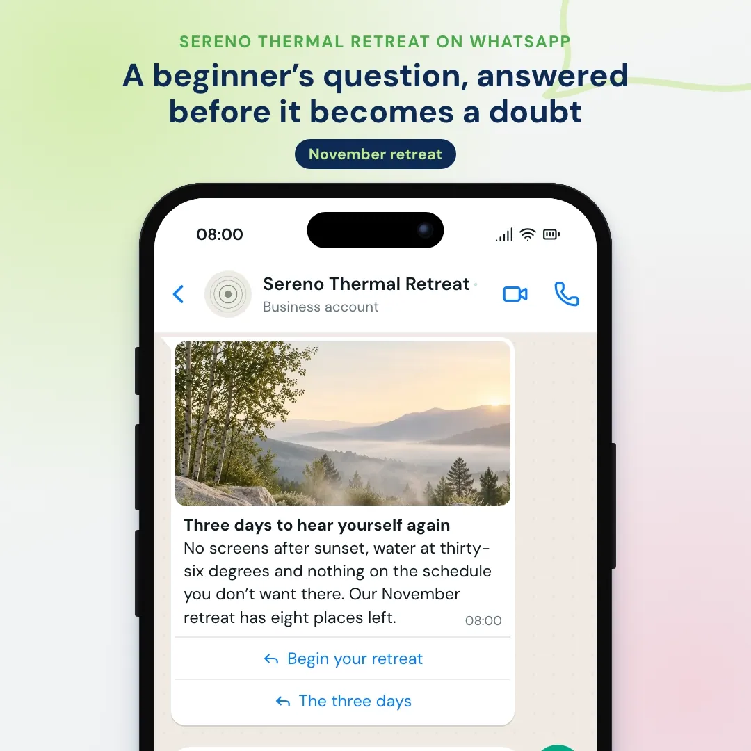 Wellness retreat WhatsApp newsletter: November retreat with a thermal pool photo, the AI explains the three days, reassures a yoga beginner and the host reserves a place