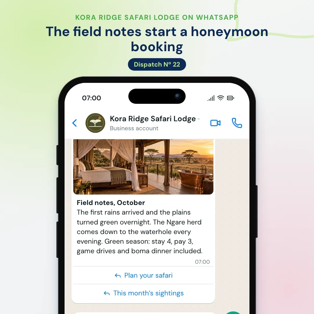 Safari lodge WhatsApp newsletter: October field notes with a tent photo, the AI shares the sightings and reservations holds the honeymoon tent