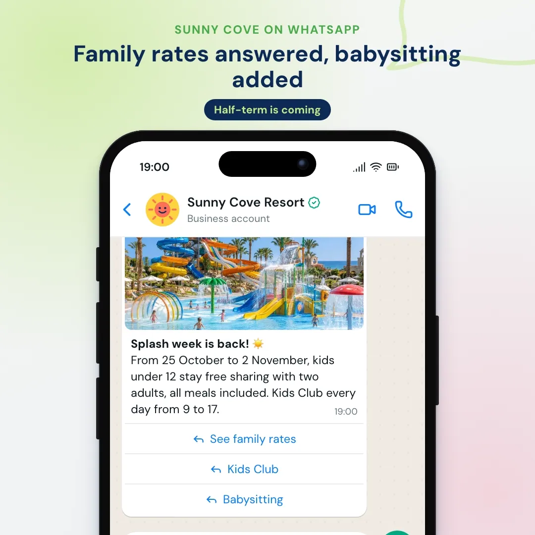 Family resort WhatsApp newsletter: kids stay free offer with a water park photo, the AI answers about the children and a cot, the guest books and the kids club adds babysitting