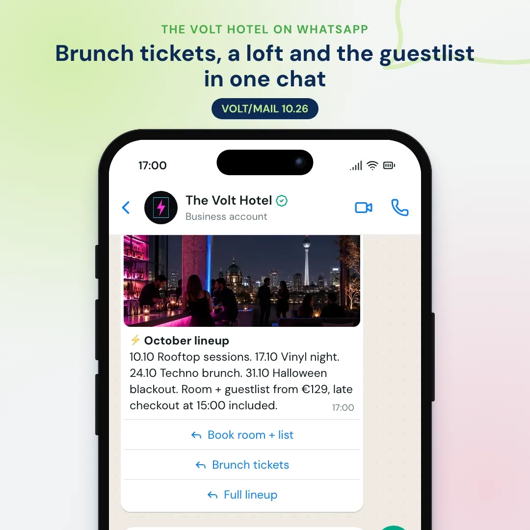 Lifestyle hotel WhatsApp newsletter: October lineup with a rooftop photo, the AI explains the techno brunch and the front desk books brunch tickets and a loft room