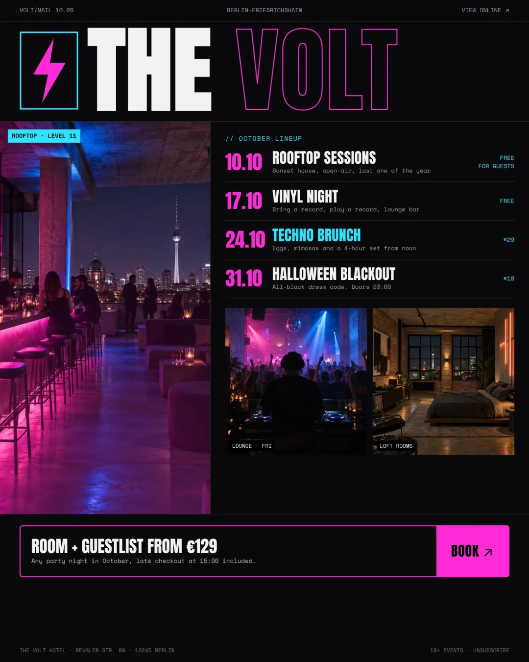 Esempio di newsletter di un lifestyle hotel a Berlino: design scuro con neon rosa e ciano, logotipo THE VOLT, lineup di ottobre con quattro eventi e prezzi e offerta camera più ingresso in lista