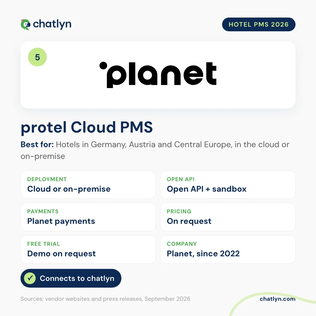 protel Cloud PMS by Planet hotel PMS profile 2026: cloud or on-premise, open API with sandbox, Planet payments, pricing on request, connects to chatlyn
