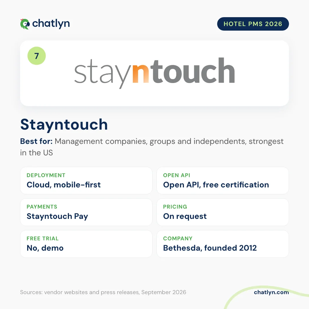 Stayntouch hotel PMS profile 2026: mobile-first cloud, open API with free certification, Stayntouch Pay, pricing on request