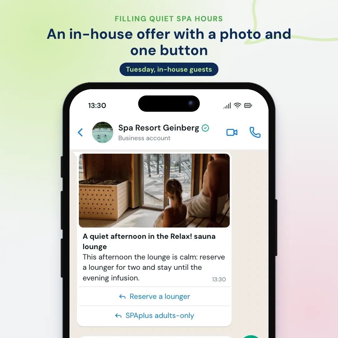 WhatsApp in-house offer for a spa sauna lounge with photo and Reserve a lounger button; the spa team reserves two loungers from 15:00