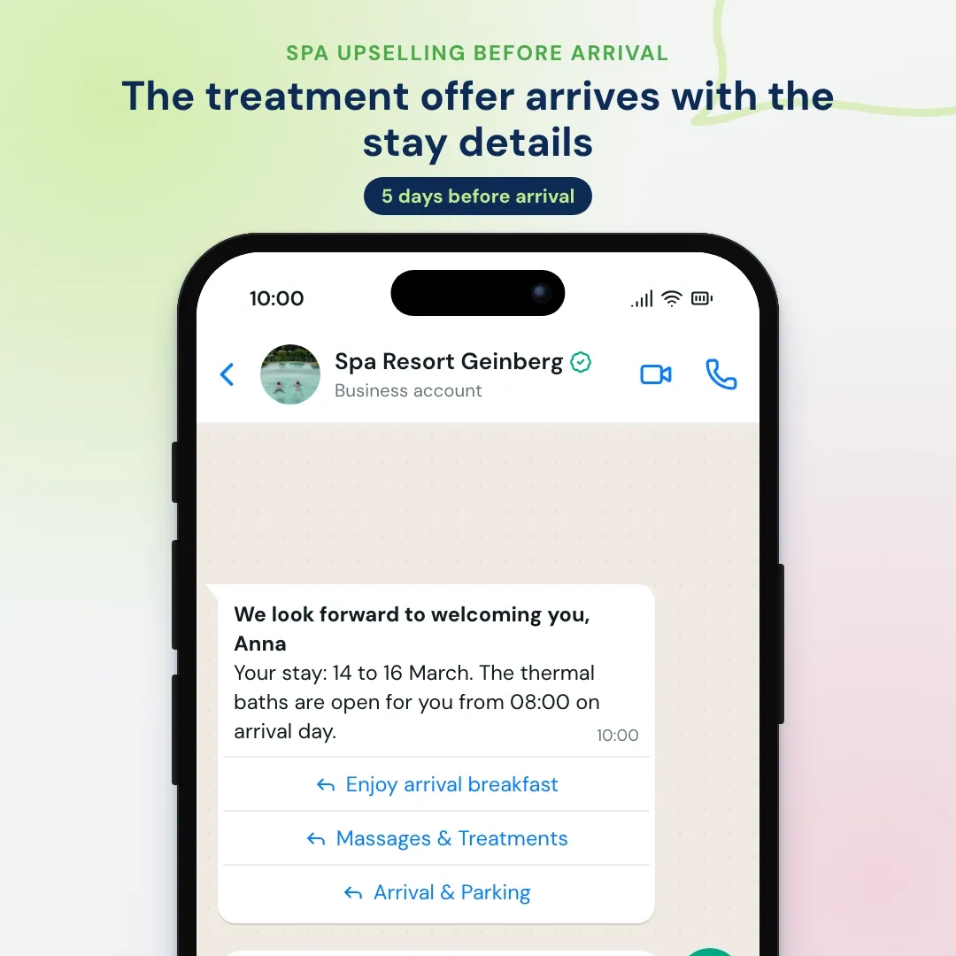 WhatsApp pre-arrival message with a Massages & Treatments button: the guest asks for a massage for two and picks a 16:30 slot