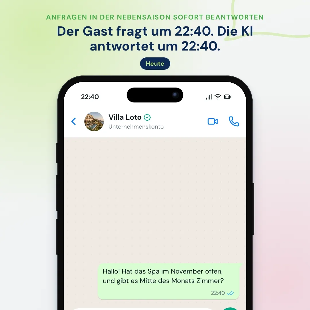 Späte Hotelanfrage auf WhatsApp zu Spa und Zimmern im November: Die KI antwortet sofort und sendet die Buchungsseite mit den Reisedaten