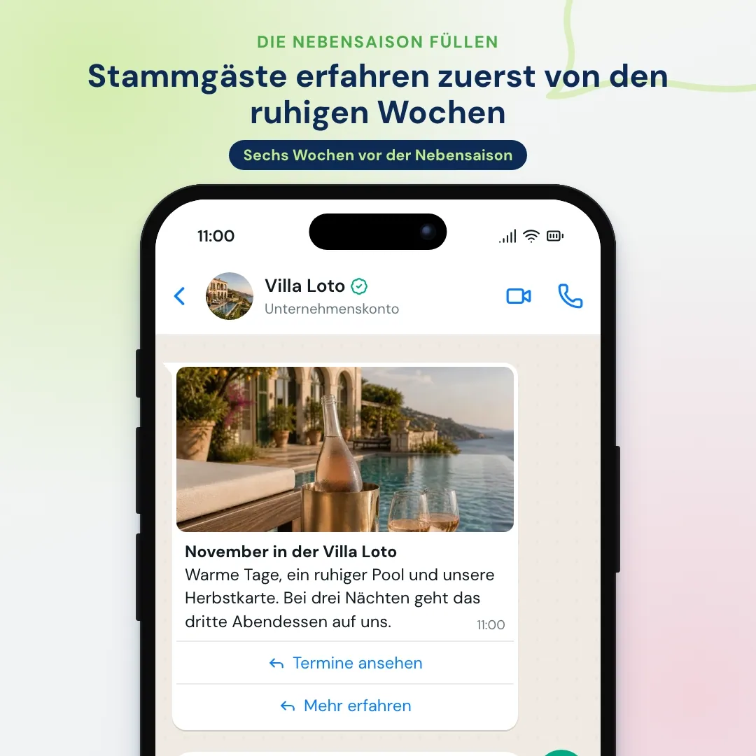 WhatsApp-Angebot für die Nebensaison an Stammgäste des Hotels: Herbstaufenthalt mit drittem Abendessen, Gast fragt nach 14. bis 17. November und bucht