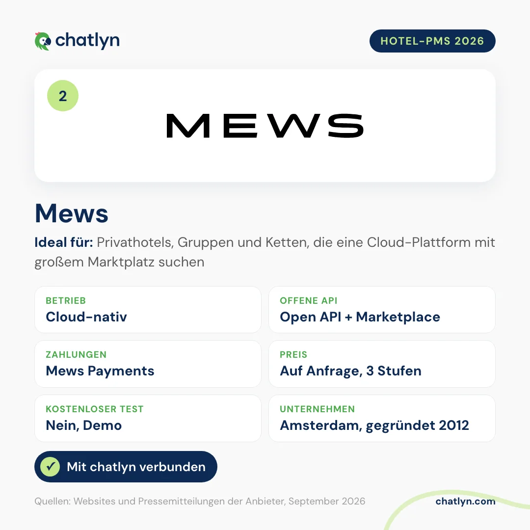 Mews im Hotelsoftware-Vergleich 2026: Cloud-natives Hotel-PMS, Open API und Marketplace, Mews Payments, drei Preisstufen auf Anfrage, mit chatlyn verbunden