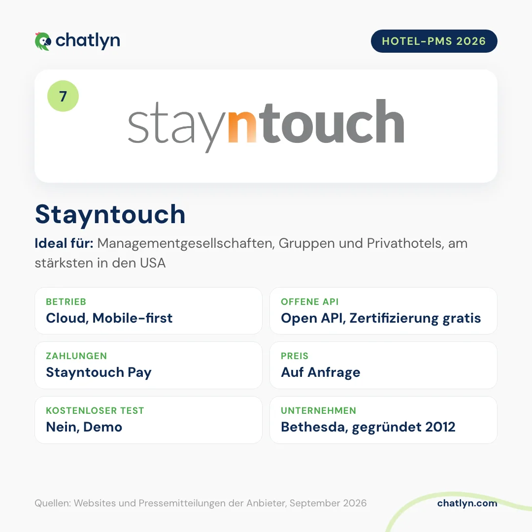 Stayntouch im Hotelsoftware-Vergleich 2026: Mobile-first-Hotel-PMS in der Cloud, Open API mit kostenloser Zertifizierung, Stayntouch Pay, Preis auf Anfrage