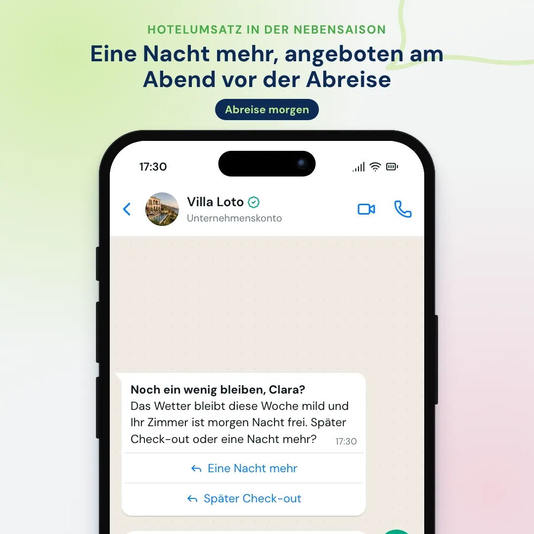 WhatsApp-Angebot eines Hotels in der Nebensaison: eine Nacht mehr oder später Check-out am Abend vor der Abreise; der Gast verlängert
