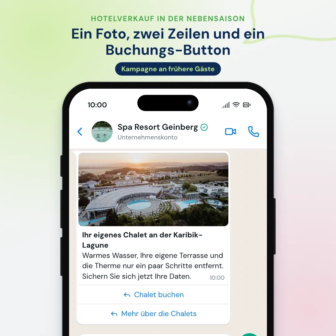 Hotelverkauf in der Nebensaison per WhatsApp-Kampagne an frühere Gäste: Foto des Karibik-Lagune Chalets mit Button Chalet buchen