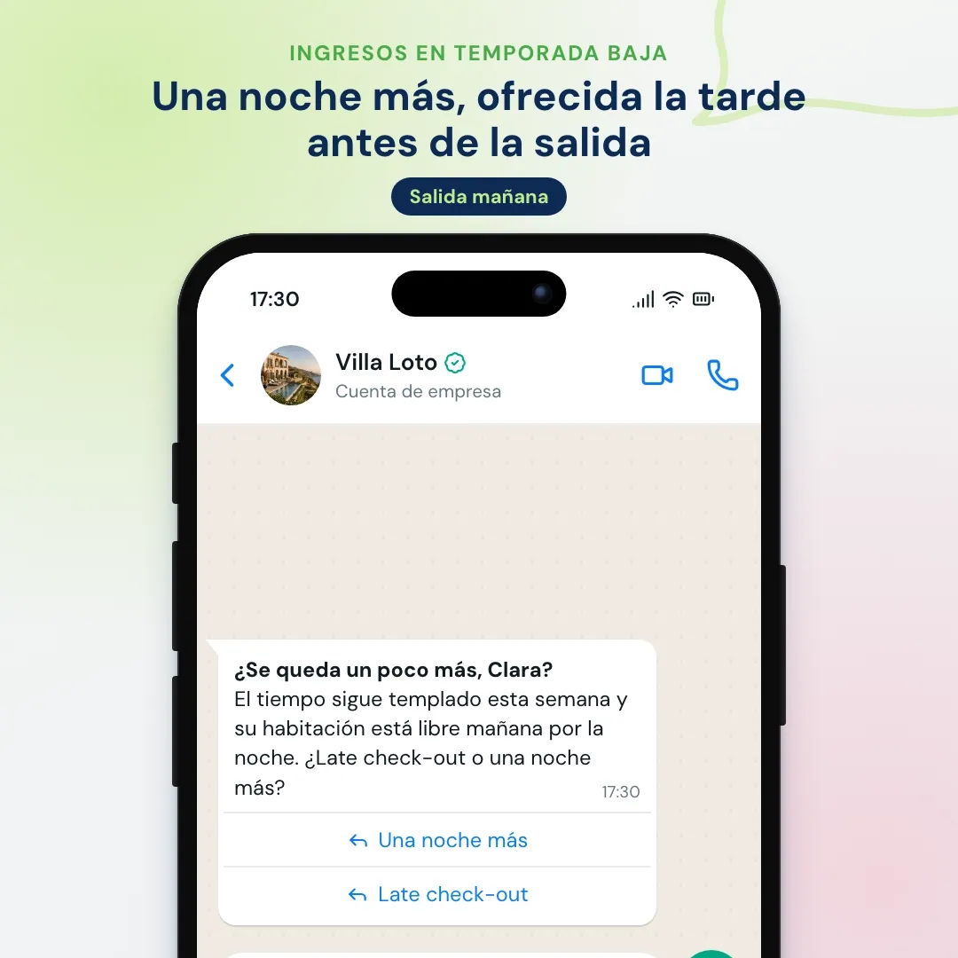 Oferta por WhatsApp de un hotel en temporada baja: una noche más o late check-out la tarde antes de la salida; la clienta se queda una noche más