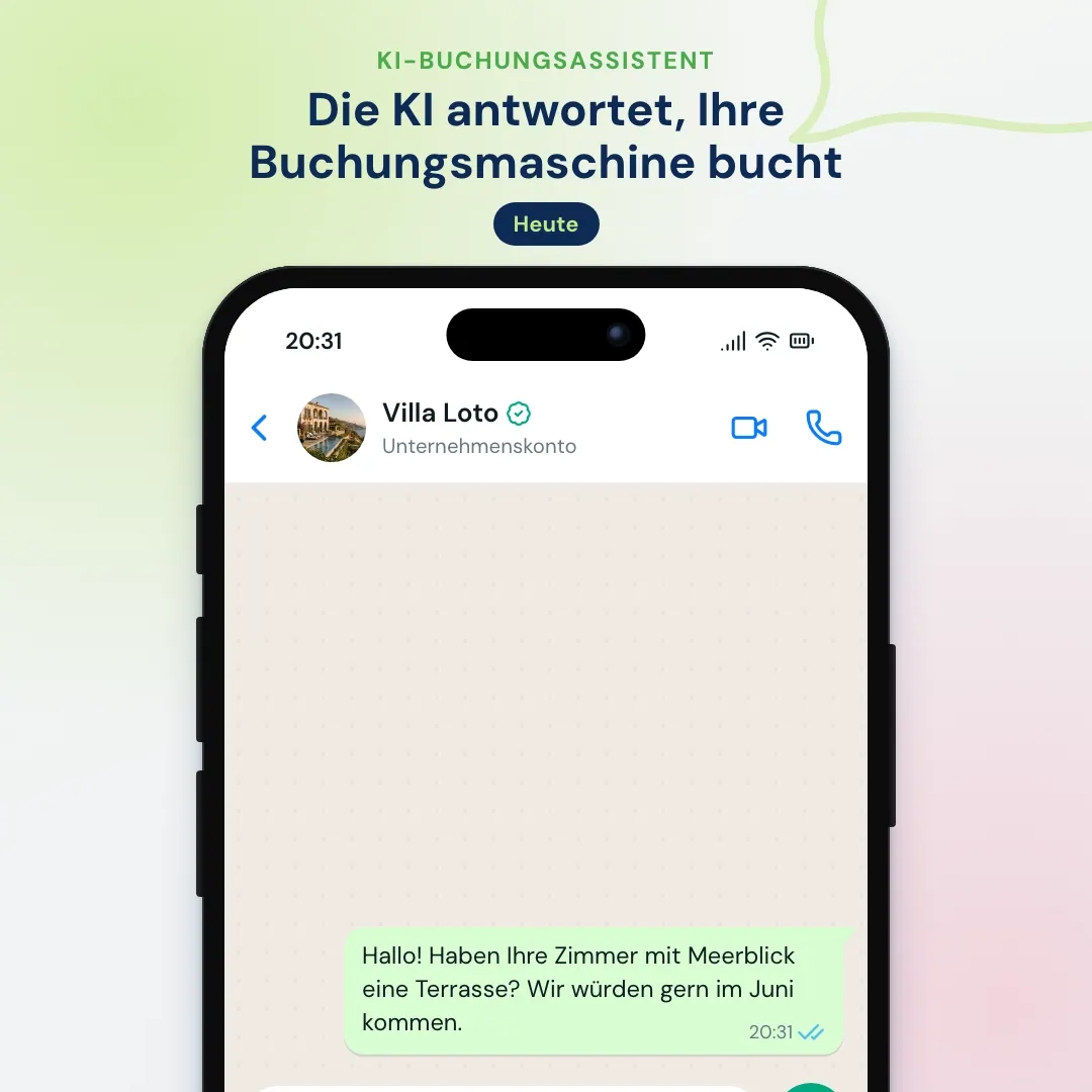 KI-Buchungsassistent fürs Hotel auf WhatsApp: Die KI beantwortet eine Zimmerfrage und schickt den Link zur Buchungsmaschine mit Daten und Personen
