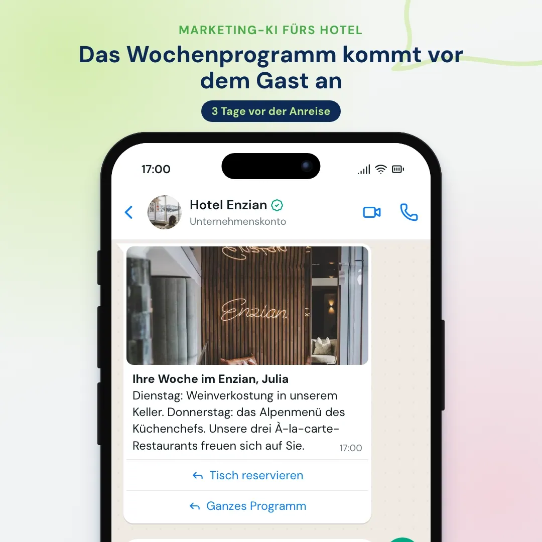 KI-Tools im Hotelmarketing: WhatsApp-Nachricht vor der Anreise mit Wochenprogramm und Button Tisch reservieren, vom Restaurant bestätigt
