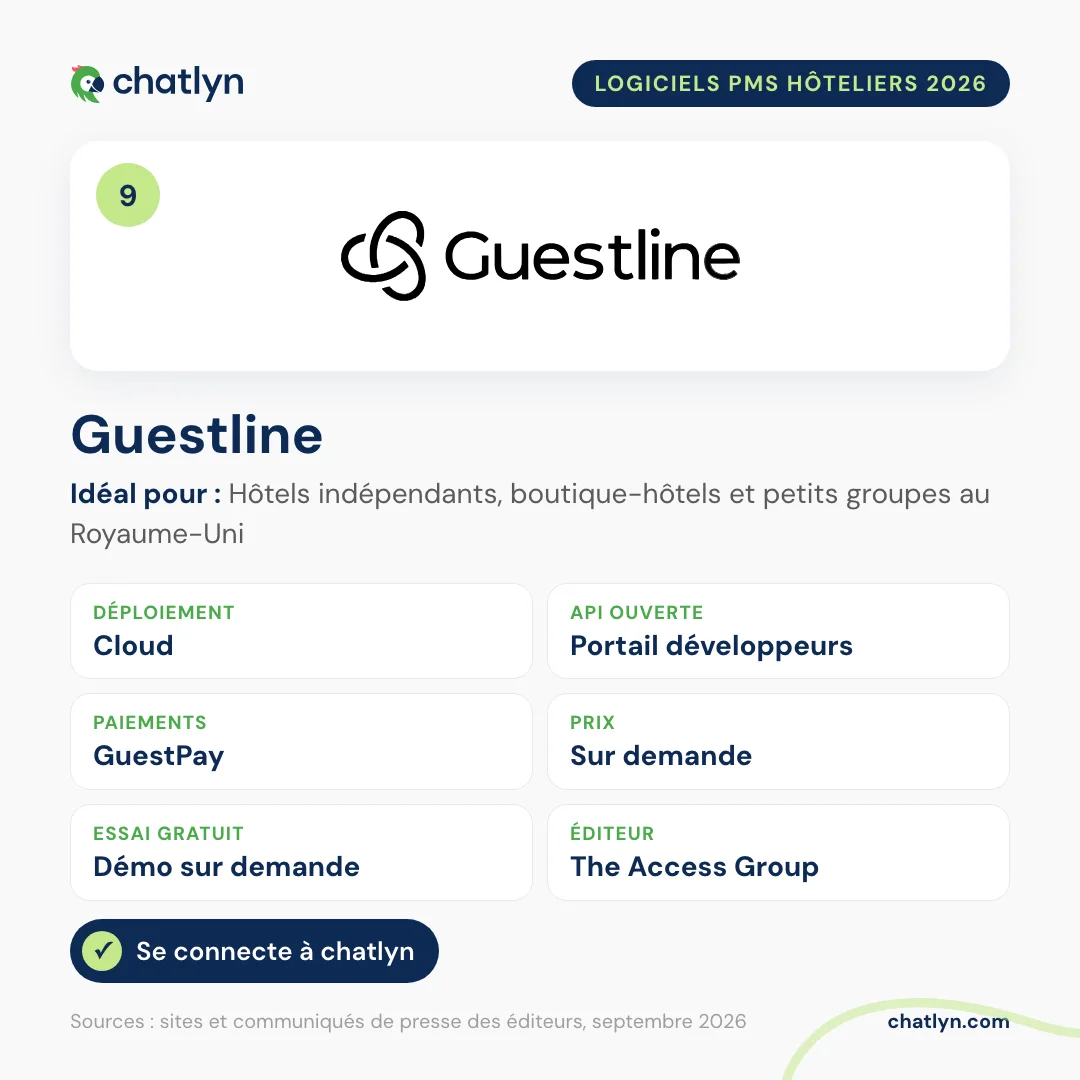 Fiche du PMS hôtelier Guestline en 2026 : cloud, portail pour développeurs, GuestPay, prix sur demande, filiale de The Access Group, se connecte à chatlyn