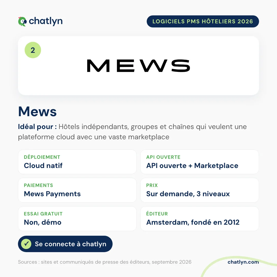 Fiche du PMS hôtelier Mews en 2026 : cloud natif, API ouverte et Marketplace, Mews Payments, trois niveaux de prix sur demande, se connecte à chatlyn
