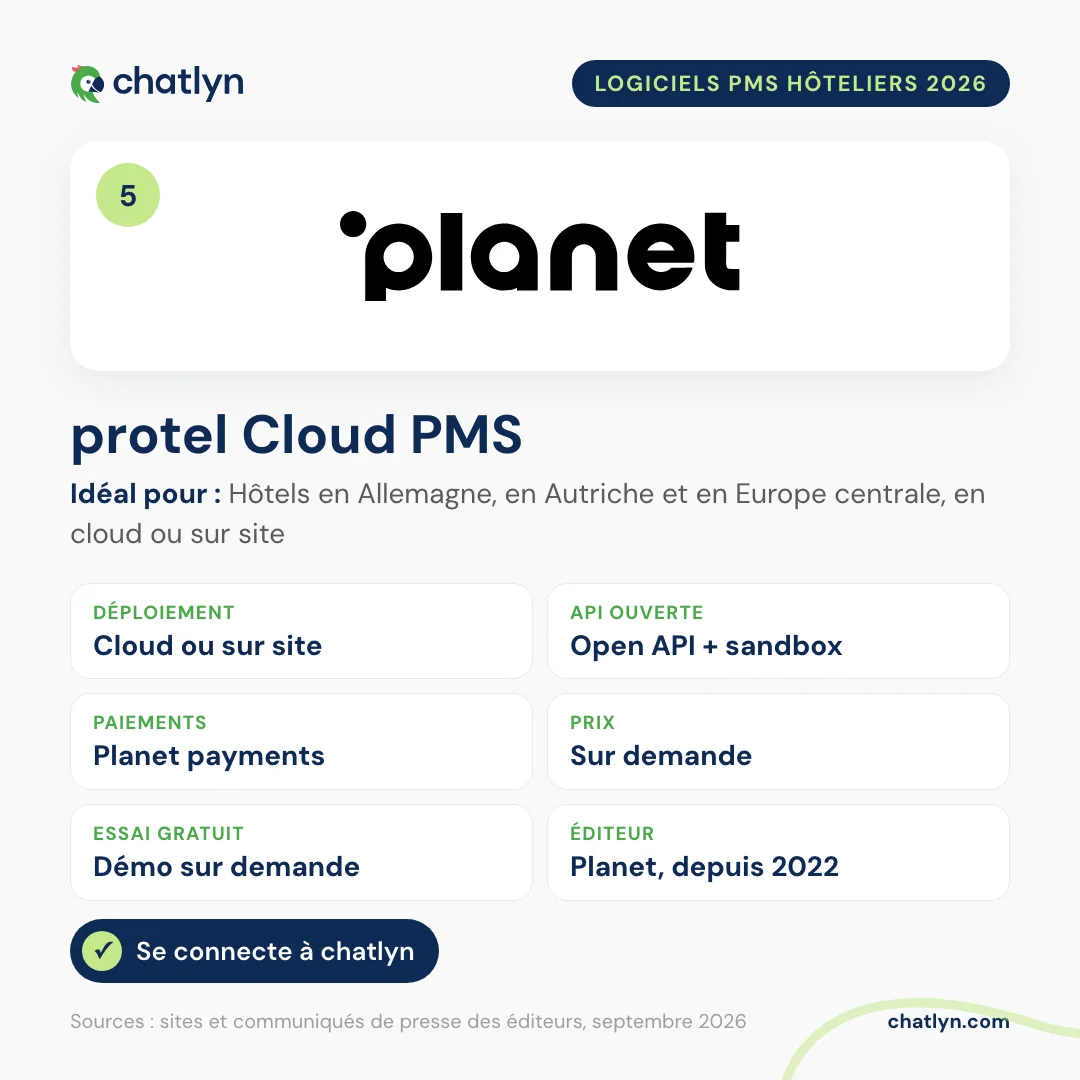 Fiche du PMS hôtelier protel Cloud PMS de Planet en 2026 : cloud ou sur site, API ouverte avec sandbox, Planet payments, prix sur demande, se connecte à chatlyn