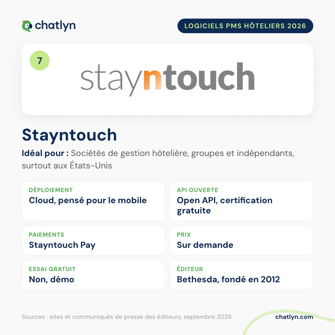 Fiche du PMS hôtelier Stayntouch en 2026 : cloud et pensé pour le mobile, API ouverte avec certification gratuite, Stayntouch Pay, prix sur demande