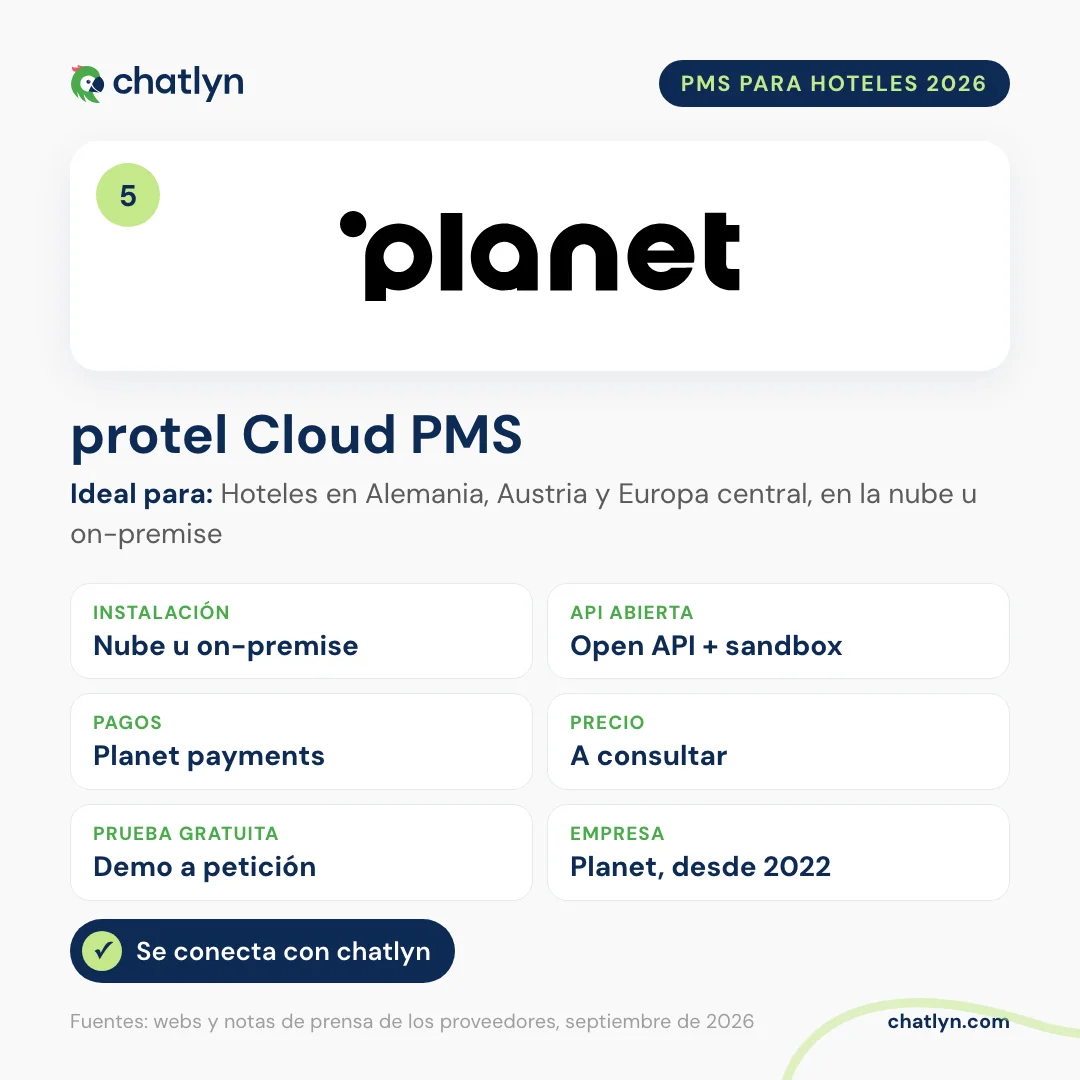 Ficha del PMS hotelero protel Cloud PMS de Planet en 2026: en la nube u on-premise, API abierta con sandbox, Planet payments, precio a consultar, se conecta con chatlyn