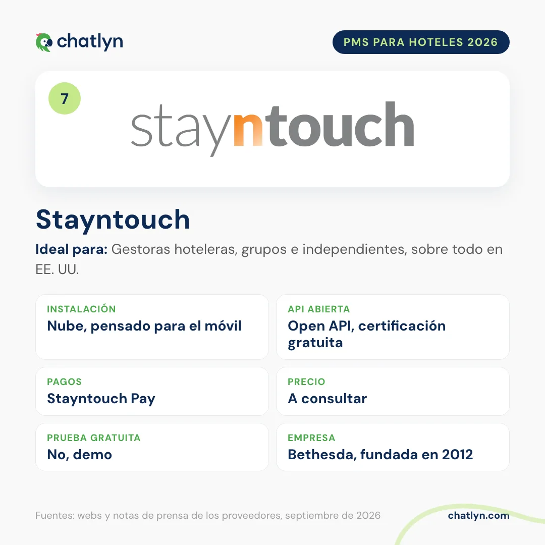 Ficha del PMS hotelero Stayntouch en 2026: en la nube y pensado para el móvil, API abierta con certificación gratuita, Stayntouch Pay, precio a consultar
