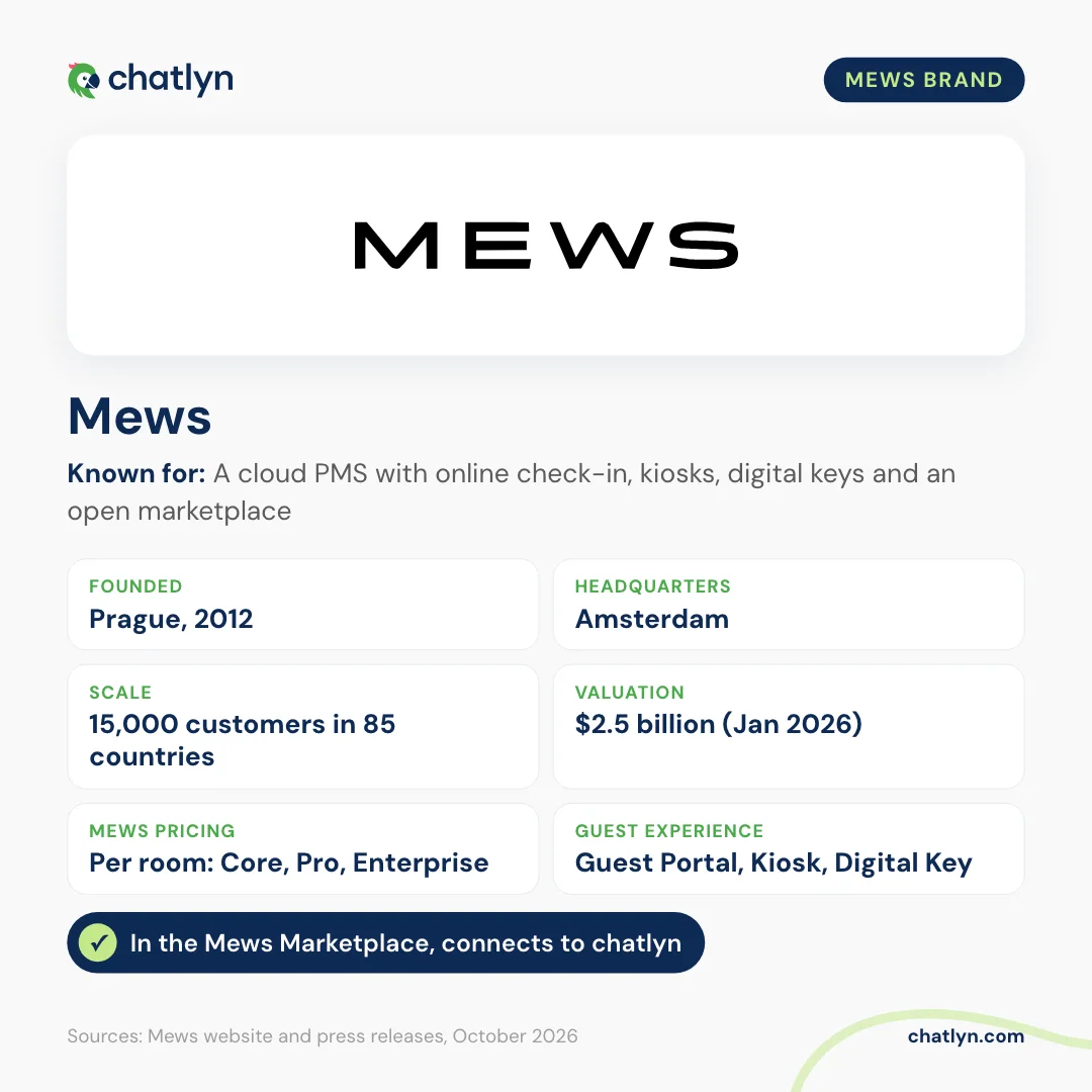 Mews brand profile: founded in Prague in 2012, headquartered in Amsterdam, 15,000 customers in 85 countries, Mews pricing per room in Core, Pro and Enterprise plans, guest experience tools Guest Portal, Kiosk and Digital Key, listed in the Mews Marketplace and connected to chatlyn