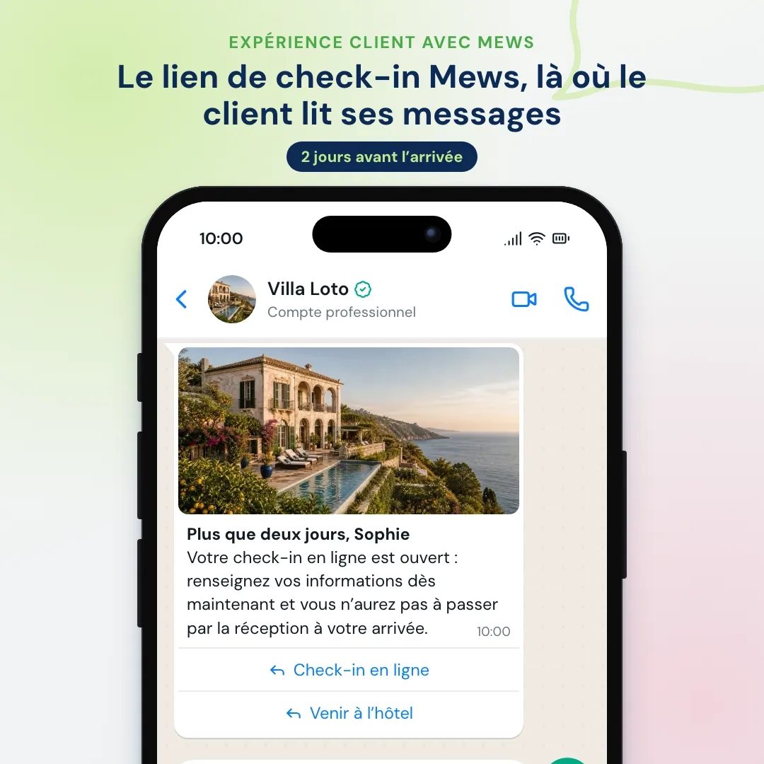 Expérience client avec Mews sur WhatsApp : deux jours avant l’arrivée, l’hôtel envoie le lien de check-in en ligne Mews sous forme de bouton, la cliente demande si elle doit ajouter ses enfants et l’IA répond en quelques secondes