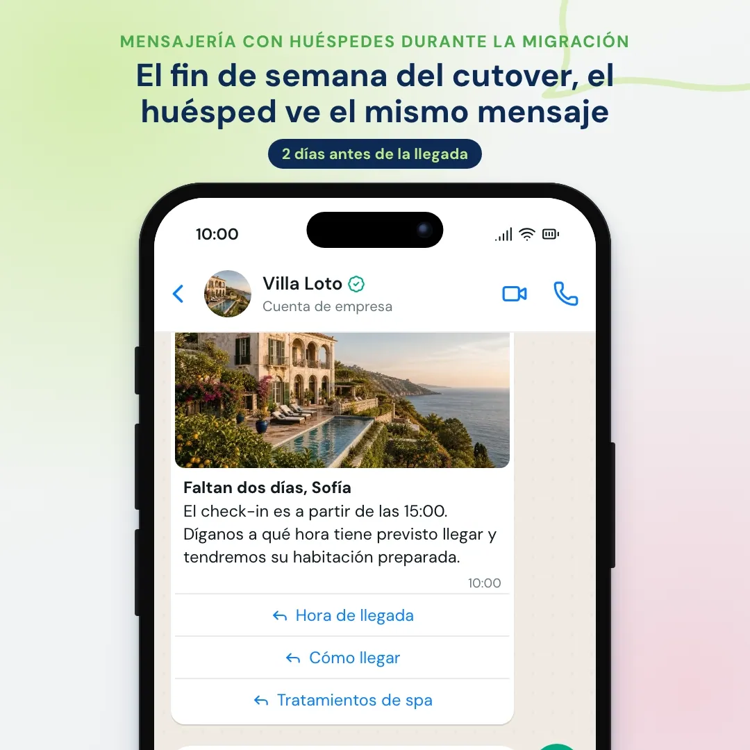 Mensaje de WhatsApp previo a la llegada de Villa Loto el fin de semana del cutover: la clienta pulsa Cómo llegar, recibe indicaciones desde el aeropuerto de Catania, pregunta por una llegada tardía y la IA responde que la recepción está abierta toda la noche