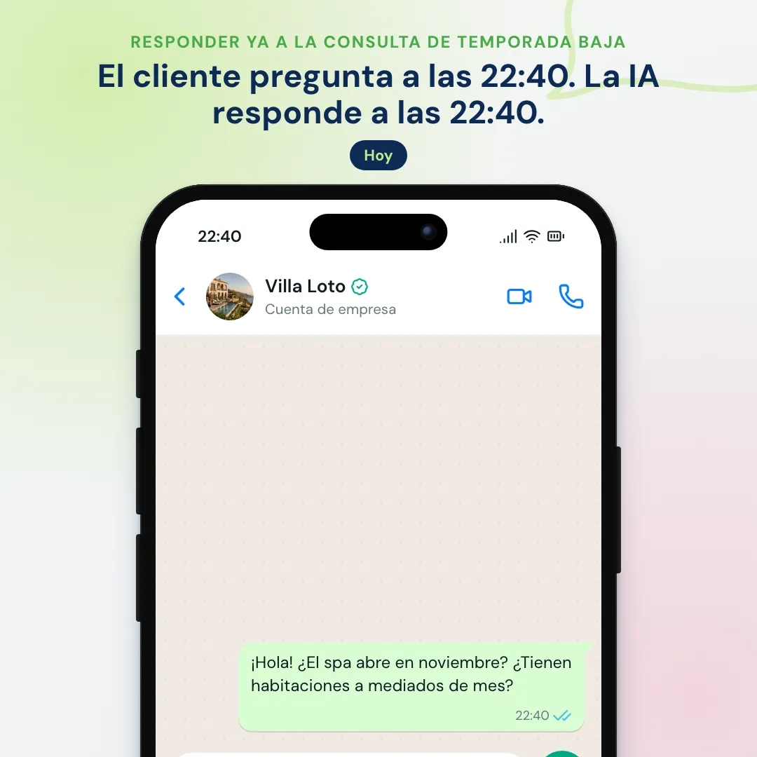 Consulta nocturna al hotel por WhatsApp sobre el spa y habitaciones en noviembre: la IA responde y envía la página de reserva con las fechas del cliente